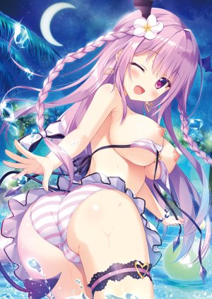原创,あめとゆき,前发,露肩,水着,脸红,三股辫,露胸,cameltoe,发饰,巨乳,长发,视线正对,回头看,nipples,one_eye_closed,開いた口,天空,笑顔,single,魅魔,泳装,翅膀