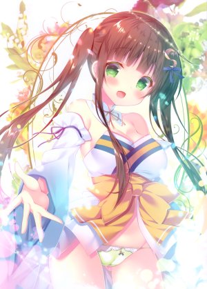 宇治松千夜,请问您今天要来点兔子吗?,蜜桃まむ,前发,直刘海,脸红,露胸,茶发,cleavage,绿色眼,发饰,长发,长袖,视线正对,横乳,開いた口,胖次,缎带,笑顔,single,下着
