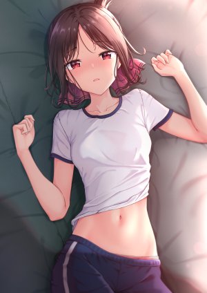四宫辉夜,marinesnow,前发,脸红,露胸,茶发,体操服,视线正对,横臥,横乳,露脐,胖次,红色眼,缎带,衬衫,短发,single,下着