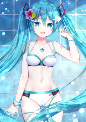 初音ミク,VOCALOID,千羽茸みな,水着,发饰,长发,视线正对,露脐,開いた口,single,泳装,tattoo,双马尾