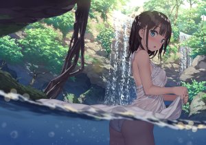 原创,kantoku,single,脸红,视线正对,短发,highres,開いた口,露胸,前发,碧眼,回头看,No-Bra,直刘海