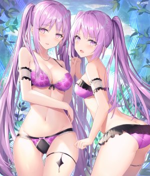 Euryale,Stheno,fate/grand_order,リン☆ユウ,水着,脸红,露胸,cleavage,Fate系列,长发,视线正对,露脐,開いた口,紫色眼,紫发,笑顔,泳装,双马尾
