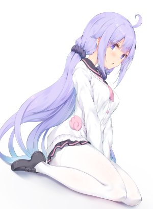 憧れの遊園地,Unicorn,碧蓝航线,nakazawa_aki,呆毛,青发,脸红,露胸,全身,发饰,长发,长袖,横乳,黑丝,紫色眼,紫发,阴影,坐姿,短裙,single,双马尾,白背景,白丝