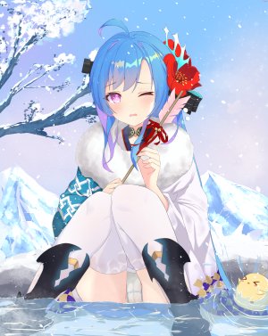 海伦娜,碧蓝航线,vayneeeee,呆毛,前发,青发,脸红,全身,发饰,和服,长发,长袖,视线正对,one_eye_closed,開いた口,胖次,紫色眼,坐姿,雪花,黑丝,下着,白丝