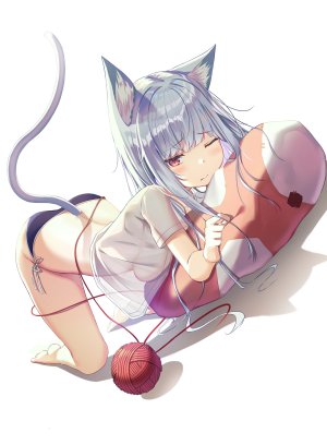 原创,apple_ringo,兽耳,裸足,水着,露胸,猫耳,猫娘,猫尾,长发,视线正对,横乳,No-Bra,one_eye_closed,红色眼,阴影,衬衫,银发,single,泳装,白背景