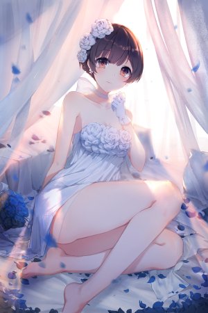 shi_wu_you,少女咖啡枪,还有醒着的么,前发,裸足,露肩,露胸,棕色眼,茶发,项圈,连衣裙,手套,发饰,视线正对,花瓣,rose,短发,貧乳,single,婚纱