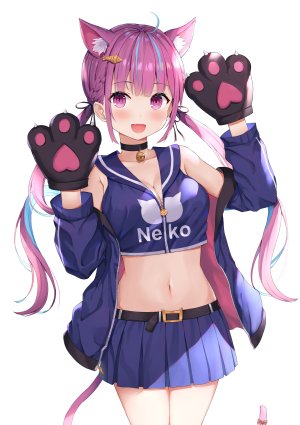湊あくあ,Hololive,埃策尔,呆毛,兽耳,露肩,露胸,猫耳,猫娘,猫尾,项圈,cleavage,手套,长发,视线正对,横乳,迷你短裙,露脐,開いた口,紫色眼,紫发,衬衫,短裙,笑顔,single,双马尾,Vtuber,白背景