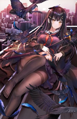 原创,黑发,黑丝,脸红,クロウ,羽毛,holding,武士刀,长发,视线正对,学校制服,短裙,single,剑,黄色眼