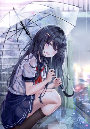 原创,lkeris,黑发,黑丝,发饰,长发,视线正对,迷你短裙,紫色眼,rain,学校制服,水手服,衬衫,短裙,笑顔,single,雨伞