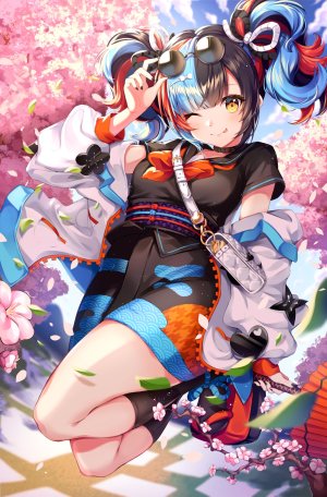 清少纳言,fate,pruding,前发,黑发,青发,脸红,露胸,樱花,Fate/Grand_Order,Fate系列,发饰,长发,长袖,视线正对,横乳,衬衫,笑顔,single,双马尾,黄色眼