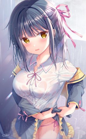 原创,七海優乃,Sousouman,花花捲,长发,single,長身像,脸红,视线正对,前发,露胸,黑发,巨乳,黄色眼,No-Bra