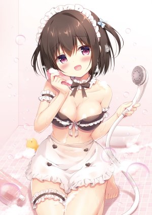 Melonbooks,原创,宫坂なこ,围裙,前发,露肩,水着,黑发,脸红,露胸,泡泡,cleavage,holding,视线正对,横乳,開いた口,红色眼,短发,笑顔,single,泳装