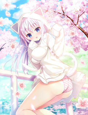 原创,師走ほりお,兽耳,前发,碧眼,脸红,露胸,猫耳,猫娘,猫尾,樱花,巨乳,长袖,视线正对,開いた口,胖次,粉发,笑顔,single,下着