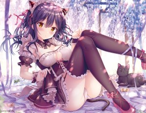 Sousouman,原创,动物,兽耳,脸红,露胸,棕色眼,猫娘,cleavage,连衣裙,吊带袜,哥特萝莉,萝裙,胖次,紫发,缎带,Stockings,下着,cropped,watermark