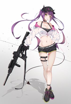 常暗トワ,Hololive,妃鬼,露肩,露胸,项圈,cleavage,全身,绿色眼,发饰,巨乳,长发,长袖,视线正对,露脐,紫发,阴影,衬衫,single,黑丝,双马尾,Vtuber,weapon