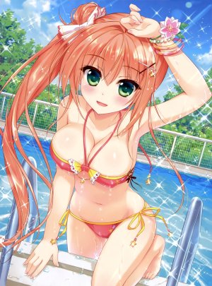 原创,あめとゆき,长发,single,長身像,脸红,视线正对,開いた口,露胸,前发,笑顔,露肩,绿色眼,巨乳,天空