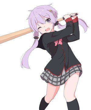 結月ゆかり,VOCALOID,VOICEROID,yukarishield,铃,黑丝,发饰,kneehighs,迷你短裙,one_eye_closed,開いた口,紫色眼,紫发,短裙,single,白背景