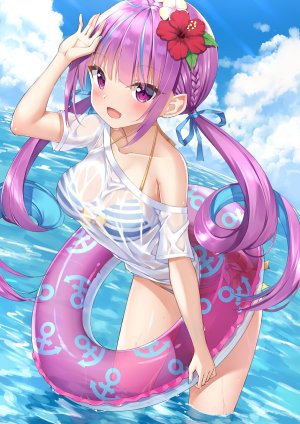 湊あくあ,Hololive,玩笑koto,呆毛,露肩,水着,三股辫,露胸,发饰,长发,视线正对,横乳,開いた口,紫色眼,紫发,衬衫,笑顔,single,泳装,双马尾,Vtuber,碧蓝航线