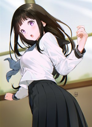 千反田える,氷菓,mery,前发,黑发,脸红,露胸,长发,长袖,视线正对,開いた口,紫色眼,学校制服,水手服,衬衫,短裙,天空
