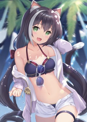 公主连结!,超異域公主連結,kanora,兽耳,露肩,水着,黑发,露胸,猫耳,猫娘,猫尾,绿色眼,长发,长袖,视线正对,横乳,露脐,開いた口,笑顔,single,泳装