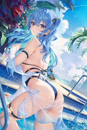 ほうき星,Hololive,星街すいせい,Vtuber,前发,露肩,水着,garter,发饰,长袖,缎带,泳装,结发,碧眼,青发,脸红,breasts,长发,開口,视线正对,回头看,leaf,天空,single