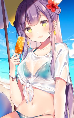 原创,椎野せら,海滩,水着,露胸,cleavage,双团子头,发饰,holding,长发,视线正对,横乳,露脐,開いた口,紫发,衬衫,天空,笑顔,single,泳装,雨伞,黄色眼