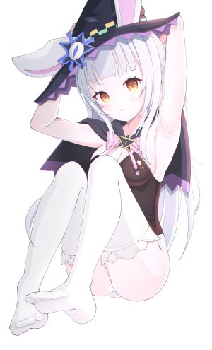 紫咲シオン,Hololive,starfox1015,兽耳,前发,露肩,露胸,棕色眼,兔耳,兔女郎,cleavage,全身,长发,视线正对,横乳,银发,single,黑丝,Vtuber,白背景,白丝