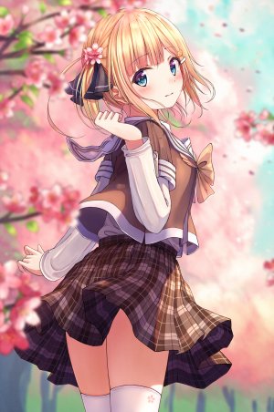 原创,前发,金发,樱花,发饰,缎带,学校制服,水手服,衬衫,短裙,笑顔,single,制服,白丝