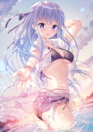 柊木明日香,TwinBoxSchool,Sousouman,前发,海滩,水着,青发,露胸,cleavage,发饰,横乳,開いた口,紫色眼,衬衫,短裙,掀裙,天空,笑顔,single,泳装