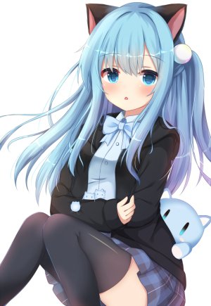 猫羽雫,原创,kedama,兽耳,黑丝,碧眼,青发,露胸,猫耳,衬衫,长发,长袖,视线正对,坐姿,短裙,貧乳,single,白背景