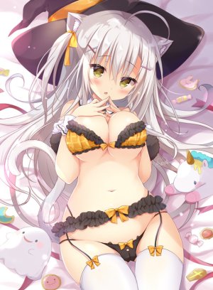 原创,picpicgram,呆毛,兽耳,露肩,脸红,bra,露胸,cameltoe,猫耳,猫尾,吊带袜,发饰,巨乳,长发,露脐,胖次,缎带,single,黑丝,下着,白发,白丝,黄色眼