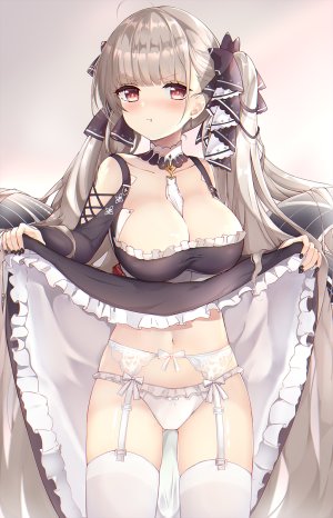 フォーミダブル,碧蓝航线,kuaua,呆毛,露胸,cleavage,连衣裙,吊带袜,巨乳,长发,长袖,视线正对,露脐,胖次,红色眼,single,黑丝,双马尾,下着,白丝
