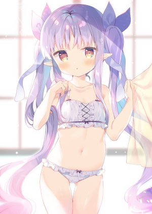 氷川鏡華,公主连结!,ユイザキカズヤ,前发,露肩,脸红,bra,露胸,棕色眼,长发,视线正对,露脐,胖次,尖耳,超異域公主連結,紫发,缎带,貧乳,single,双马尾,下着