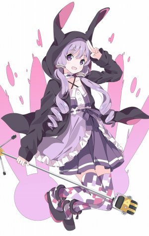 結月ゆかり,VOCALOID,VOICEROID,tantanmen,兽耳,脸红,兔耳,连衣裙,全身,发饰,holding,长发,长袖,视线正对,開いた口,紫色眼,紫发,指环,笑顔,single,黑丝,双马尾