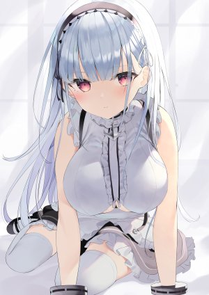 ダイドー,碧蓝航线,図鑑,围裙,露肩,胸部,CUFFS,巨乳,长发,视线正对,女仆,迷你短裙,衬衫,银发,坐姿,短裙,single,黑丝,白丝,絶対領域