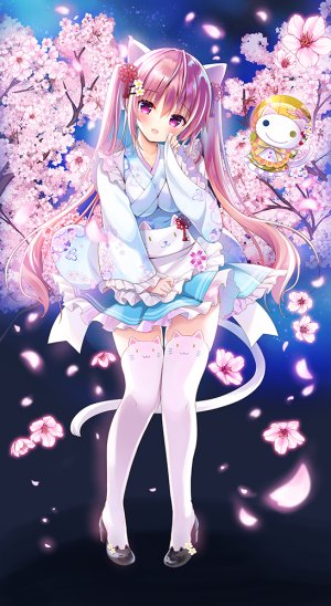 原创,師走ほりお,兽耳,围裙,前发,碧眼,脸红,露胸,棕色眼,猫耳,猫娘,猫尾,全身,和服,长发,长袖,横乳,開いた口,粉发,紫色眼,短裙,笑顔,single,黑丝,双马尾,白丝