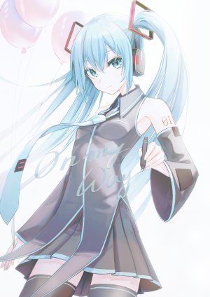 初音ミク,VOCALOID,クモ,露肩,碧眼,露胸,发饰,长发,视线正对,短裙,貧乳,笑顔,single,黑丝,双马尾