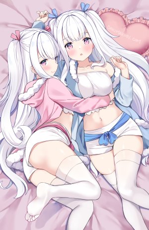 原创,kaetzchen,长发,長身像,脸红,视线正对,highres,開いた口,前发,笑顔,露肩,横臥,直刘海