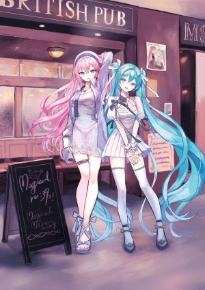 初音ミク,巡音ルカ,VOCALOID,pipi,碧眼,breasts,cleavage,连衣裙,全身,长发,长袖,视线正对,项链,開口,粉发,缎带,衬衫,短裙,笑顔,丝袜,双马尾,超长发,白丝,絶対領域