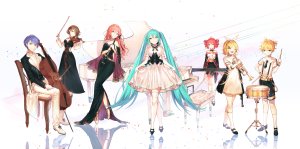 kechi,初音ミク,鏡音レン,鏡音リン,重音テト,VOCALOID,cleavage,连衣裙,黑丝