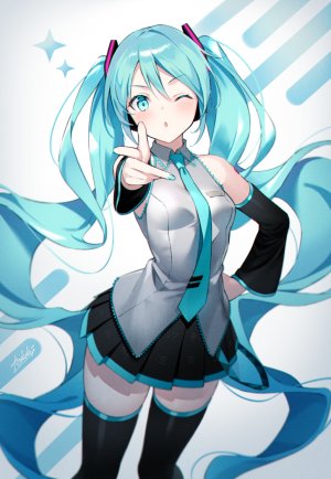 初音ミク,VOCALOID,tokki,黑丝,长发,闭只眼,開いた口,衬衫,短裙,single,双马尾