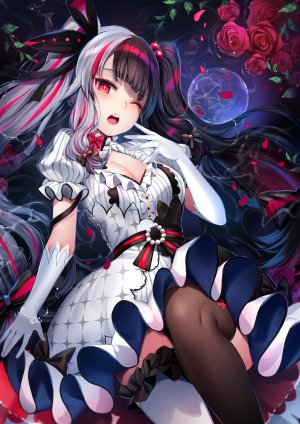 Vtuber,Nijisanji,夜见蕾娜,zerocat,长发,single,長身像,脸红,视线正对,開いた口,露胸,前发,黑发,红色眼,双马尾,cleavage,one_eye_closed