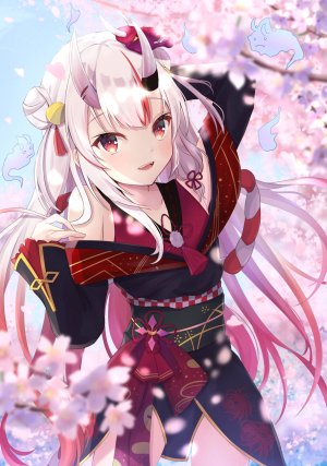 百鬼菖蒲,Hololive,前发,露肩,露胸,樱花,发饰,和服,长发,视线正对,邪鬼,開いた口,红色眼,银发,笑顔,single,Vtuber