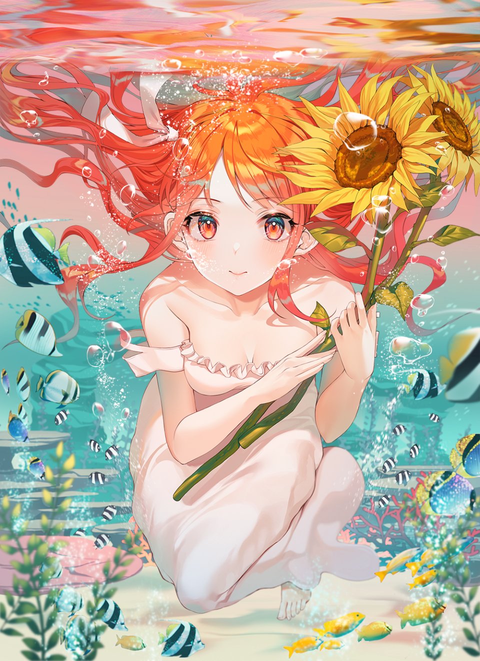 Kinty 少女 オリジナル ひまわり 花と女の子 向日葵 海 水中