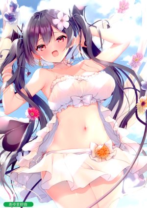 Melonbooks,あゆま紗由,长发,single,長身像,脸红,视线正对,開いた口,前发,露胸,黑发,笑顔,红色眼,双马尾,天空