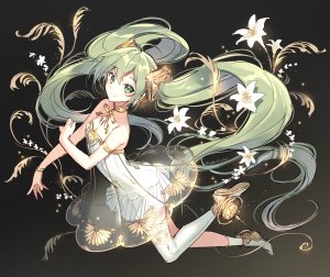 初音ミク,VOCALOID,Nardack,前发,露肩,露胸,项圈,cleavage,连衣裙,全身,绿色眼,绿发,发饰,长发,视线正对,短裙,笑顔,single,黑丝,双马尾,白丝,絶対領域