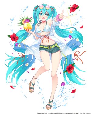 初音ミク,VOCALOID,hisenkaede,裸足,露肩,水着,露胸,项圈,cleavage,全身,holding,长发,视线正对,横乳,露脐,開いた口,笑顔,single,泳装,双马尾,白背景