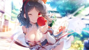 りんご,前发,黑发,露胸,cleavage,游戏CG,holding,巨乳,one_eye_closed,红色眼,短发,笑顔,single