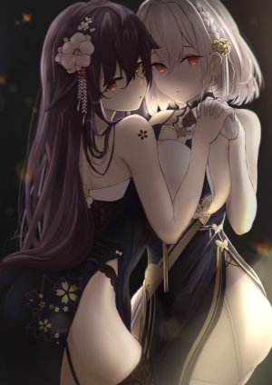 吾妻,碧蓝航线,ネヴ,黑丝,三股辫,露胸,汉服,cleavage,连衣裙,手套,发饰,巨乳,长发,视线正对,回头看,胖次,紫发,红色眼,短发,银发,下着,白丝,黄色眼