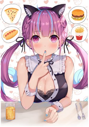 湊あくあ,Hololive,埃策尔,呆毛,兽耳,露肩,bra,三股辫,露胸,猫耳,cleavage,ハンバーガー,ホットドック,巨乳,长发,视线正对,紫色眼,紫发,衬衫,single,双马尾,下着,Vtuber